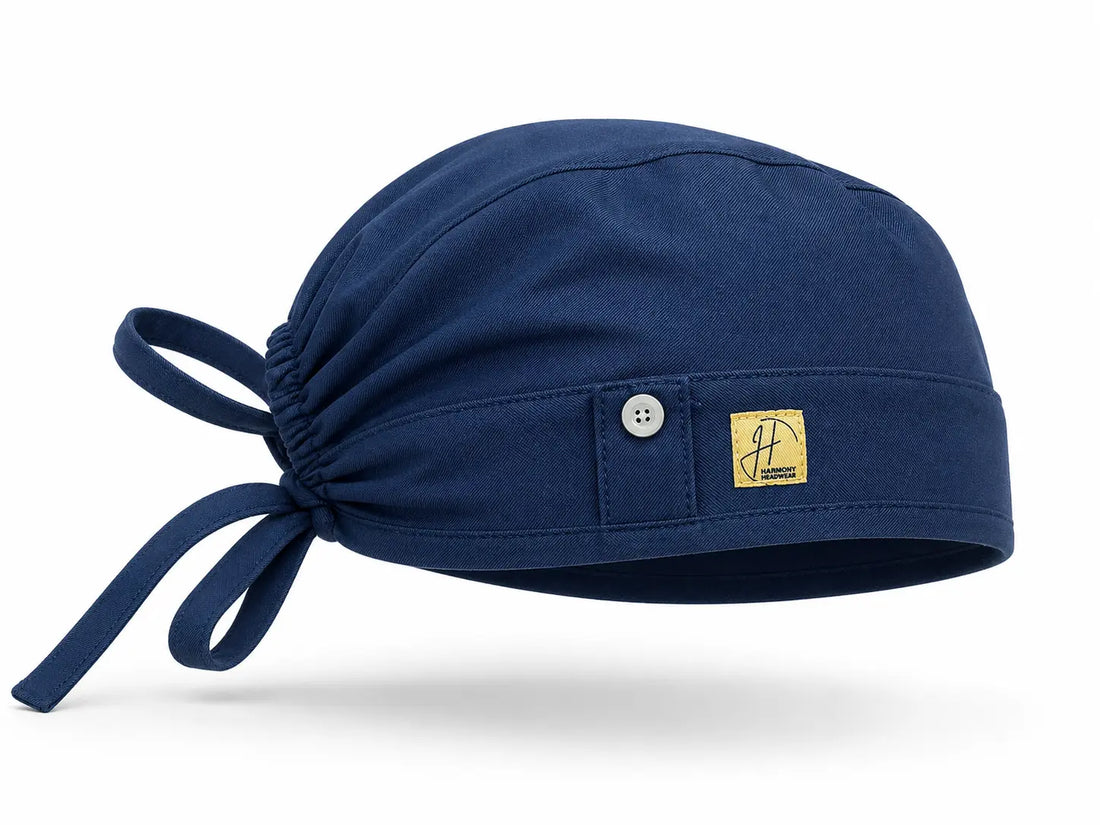 كاب جراحي كحلي بأزرار كمامة جانبية — هارموني سيرجيكل | Navy Scrub Cap with Mask Buttons Iraq